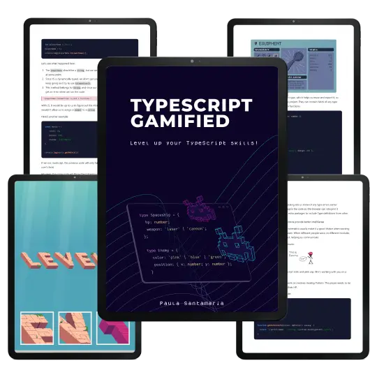 The cover of the book that says TypeScript Gamified: Level up your TypeScript skills!. At the bottom a terminal window with some TypeScript code and 2 aliens illustrated using a combination of isometric perspective and pixel art