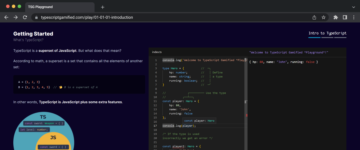 A screenshot of the TypeScript Gamified Playground showing the editor with a console log that says Welcome to TypeScript Gamified Plaground! and a terminal with the output of the program